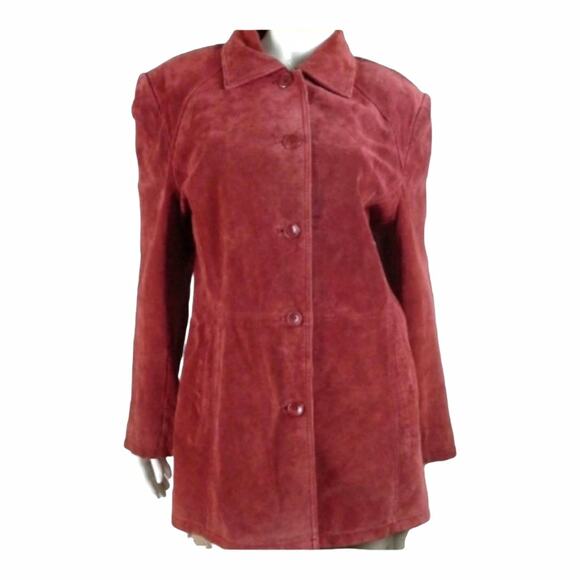 Vintage BERNARDO Red Leather Suede Coat 80s Hip Length Blazer Jacket Size L - Picture 1 of 10